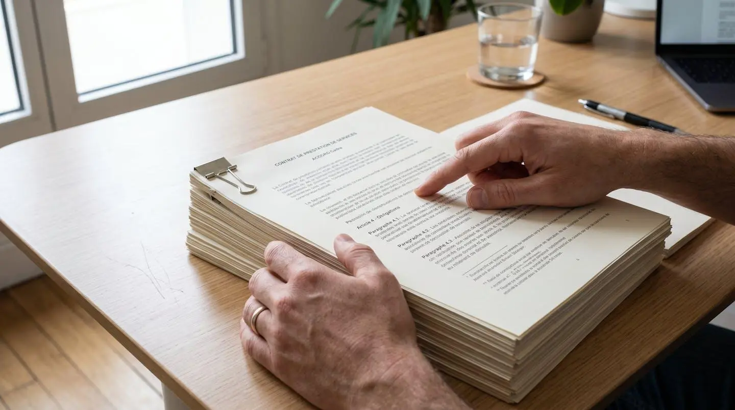 Gros plan sur des mains feuilletant un document officiel épais posé sur un bureau moderne avec une lumière naturelle latérale