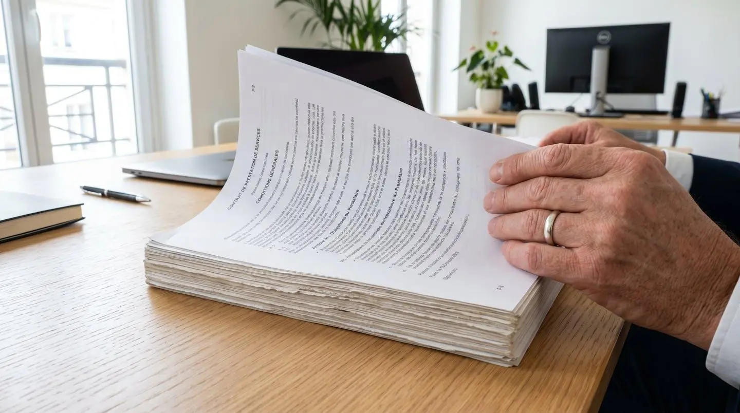 Gros plan sur des mains feuilletant un document officiel épais posé sur un bureau moderne avec une lumière naturelle latérale