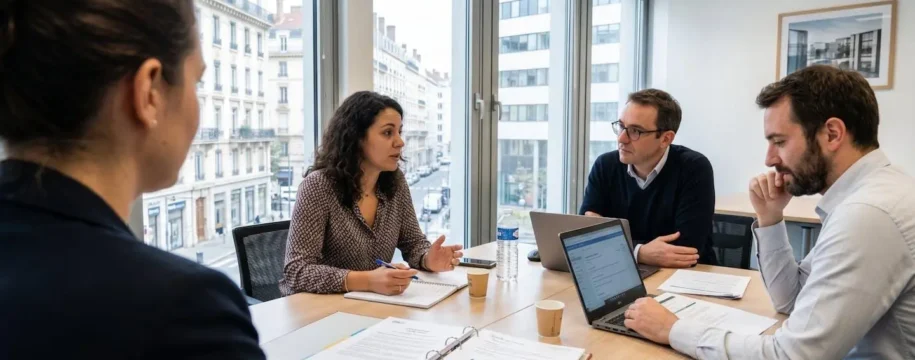 Quatre élus du CSE vus de dos examinent des documents autour d'une table de réunion dans une salle moderne éclairée par la lumière naturelle