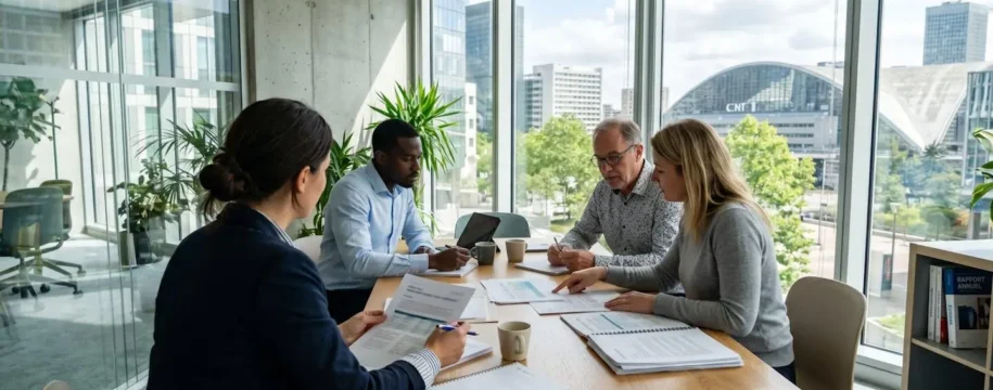 Quatre élus du CSE vus de dos examinent des documents autour d'une table de réunion dans une salle moderne éclairée par la lumière naturelle