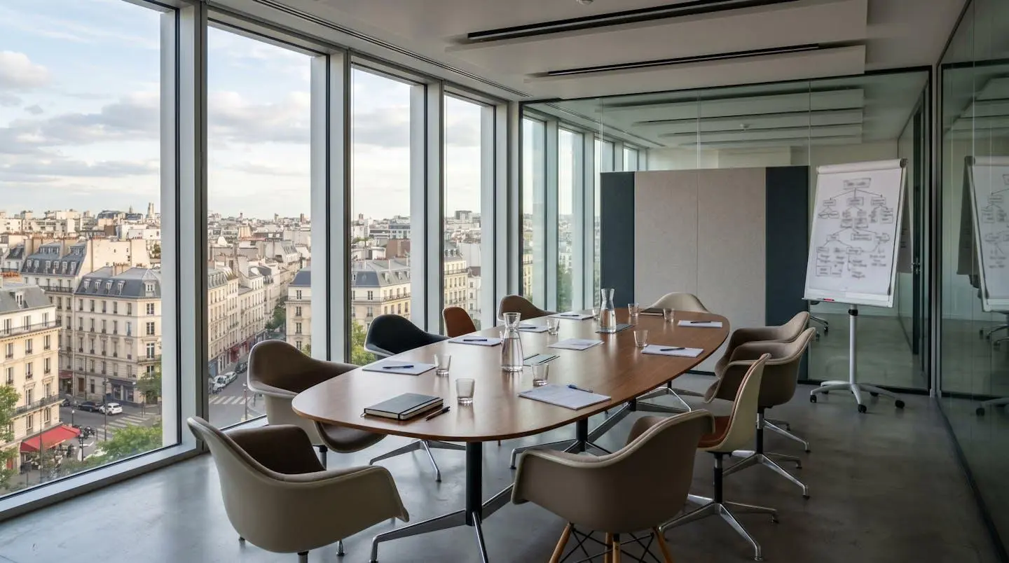Salle de négociation vide après une réunion avec table ovale, chaises dispersées, paperboard avec schémas organisationnels floutés et baie vitrée donnant sur un paysage urbain français en fin de journée