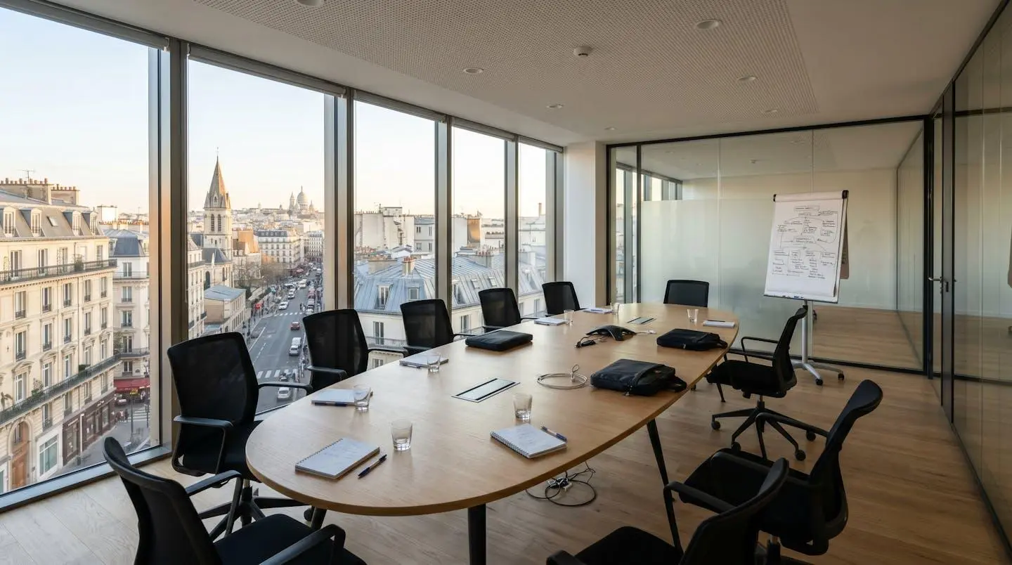 Salle de négociation vide après une réunion avec table ovale, chaises dispersées, paperboard avec schémas organisationnels floutés et baie vitrée donnant sur un paysage urbain français en fin de journée