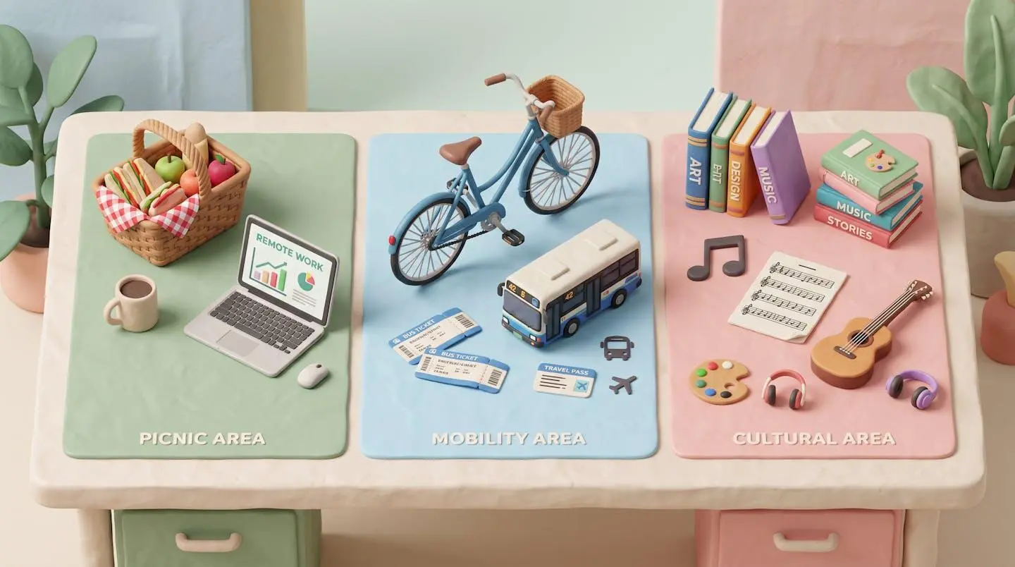 Illustration isométrique représentant trois catégories d'avantages : télétravail, mobilité et culture.