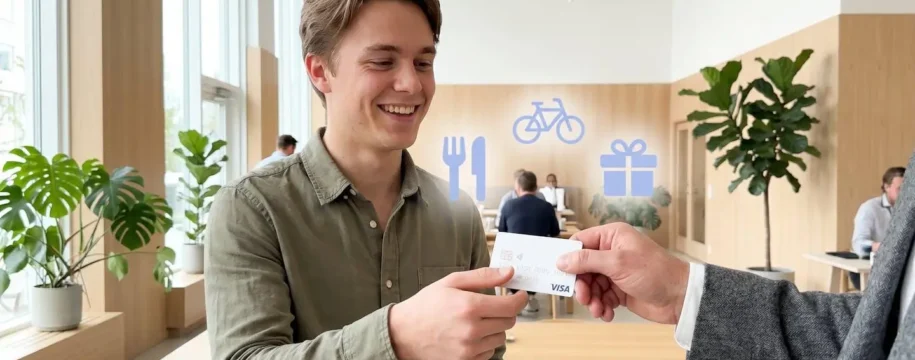 Un professionnel en costume tend une carte Visa à un employé souriant, des icônes d'avantages flottant autour d'eux.