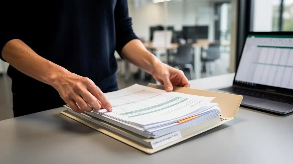 Une analyste range des documents de reporting extra-financier et des factures d'énergie dans un dossier relié dans un bureau.