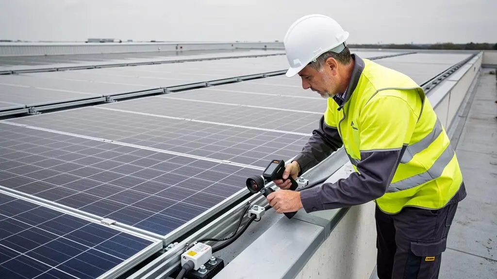 Un responsable d'exploitation vérifie l'installation de panneaux photovoltaïques sur le toit d'un bâtiment industriel en France.
