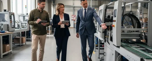 Une dirigeante de PME française visite son atelier de production accompagnée d'un consultant en transition écologique et d'un banquier.
