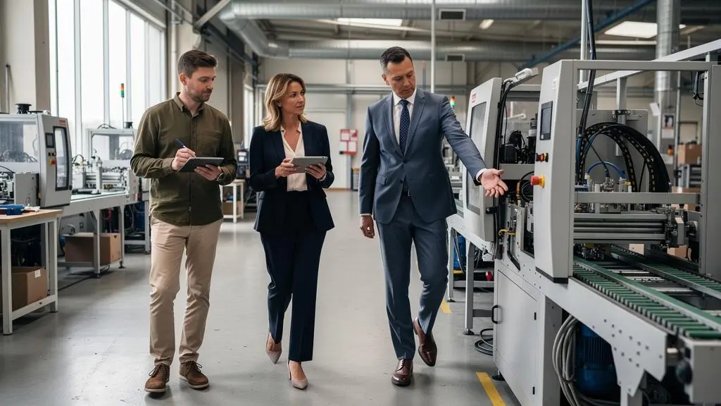 Une dirigeante de PME française visite son atelier de production accompagnée d'un consultant en transition écologique et d'un banquier.